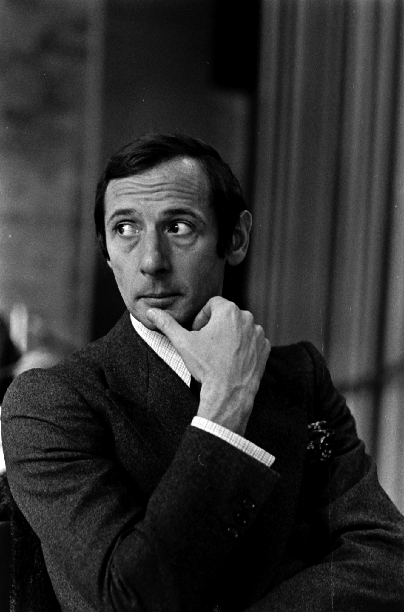 Marc Bohan poses for portraits during a visit to The Museum of Modern Art for his second viewing of "The Machine" exhibition on February 7, 1969 in New York City.