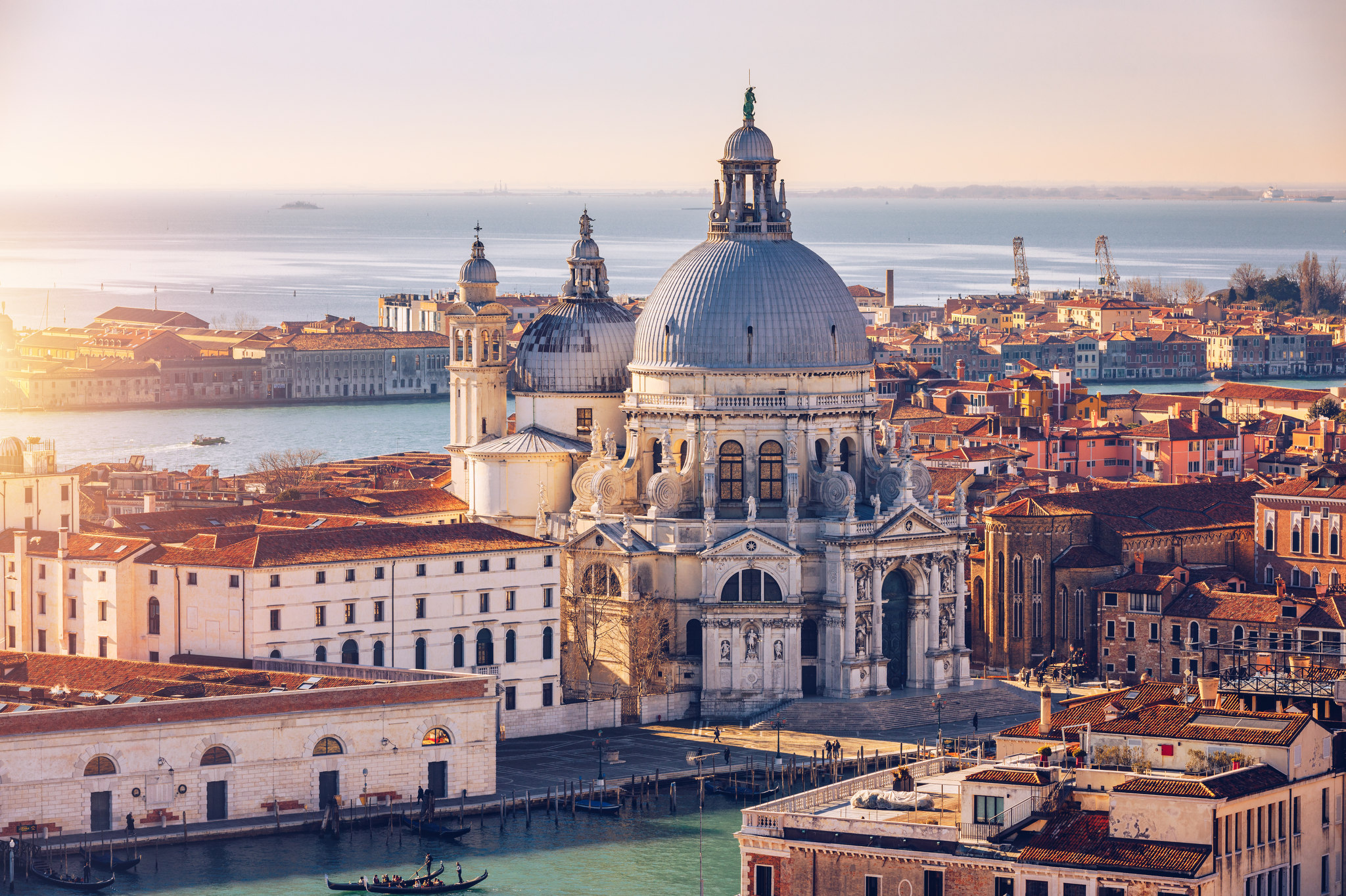 Aerial View of the Grand Canal and Basilica Santa Maria della Salute, Venice, Italy. Venice is a popular tourist destination of Europe. Venice, Italy.