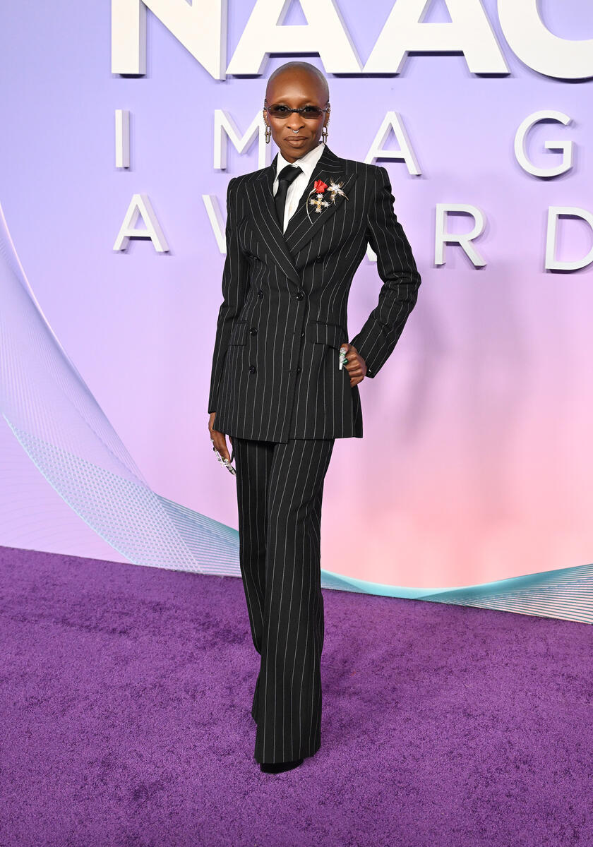 Cynthia Erivo at the 2025 NAACP Image Awards on Feb. 22 in Los Angeles, Dolce & Gabbana, pinstripe suit, red carpet, Tiffany & Co.