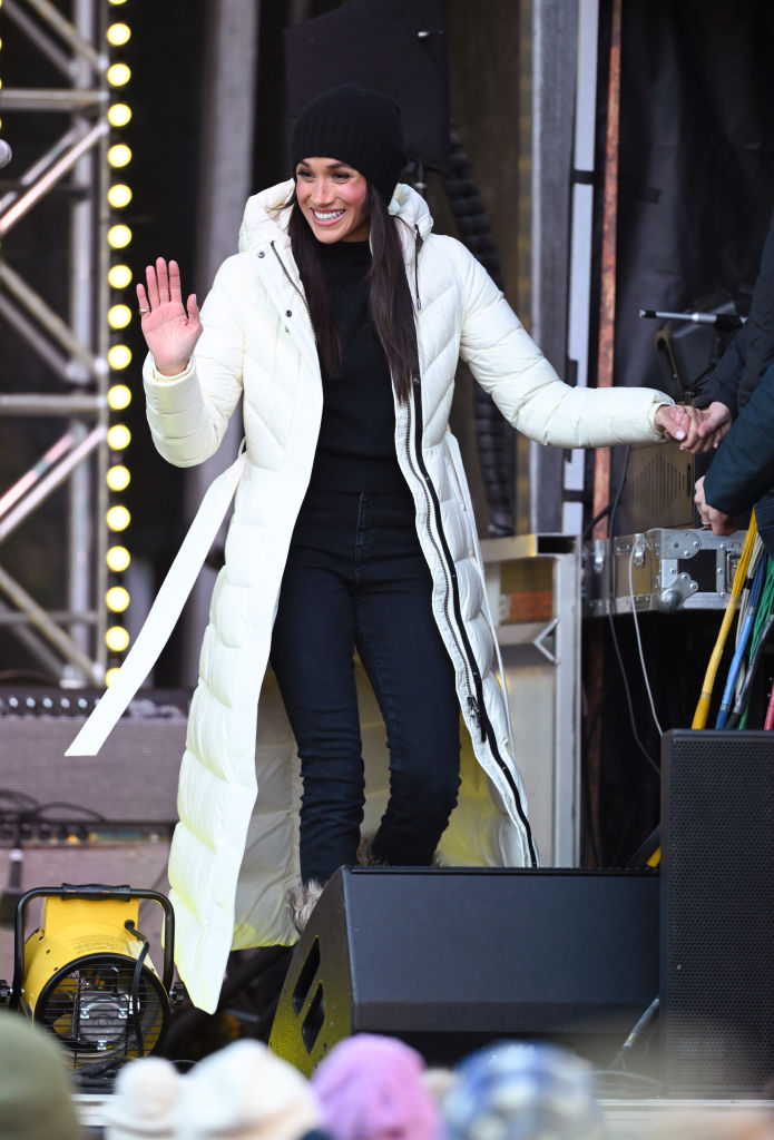 Meghan, Duchess of Sussex during day two of the 2025 Invictus Games on Feb. 10 in Whistler, Canada, Mackage coat, Sorel boots, black and white, royals, street style