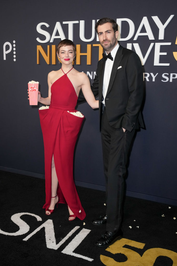 Emma Stone wears popcorn dress and Dave McCary at