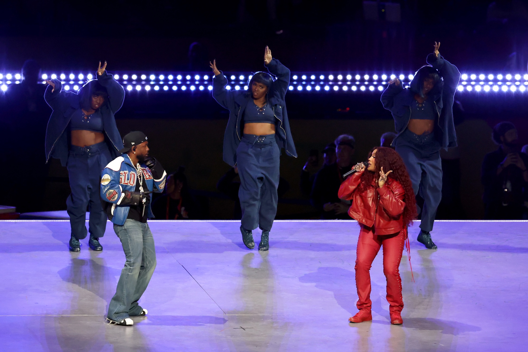NEW ORLEANS, LOUISIANA - FEBRUARY 09: (L-R) Kendrick Lamar and SZA perform onstage during Apple Music Super Bowl LIX Halftime Show at Caesars Superdome on February 09, 2025 in New Orleans, Louisiana.  (Photo by Cindy Ord/Getty Images)