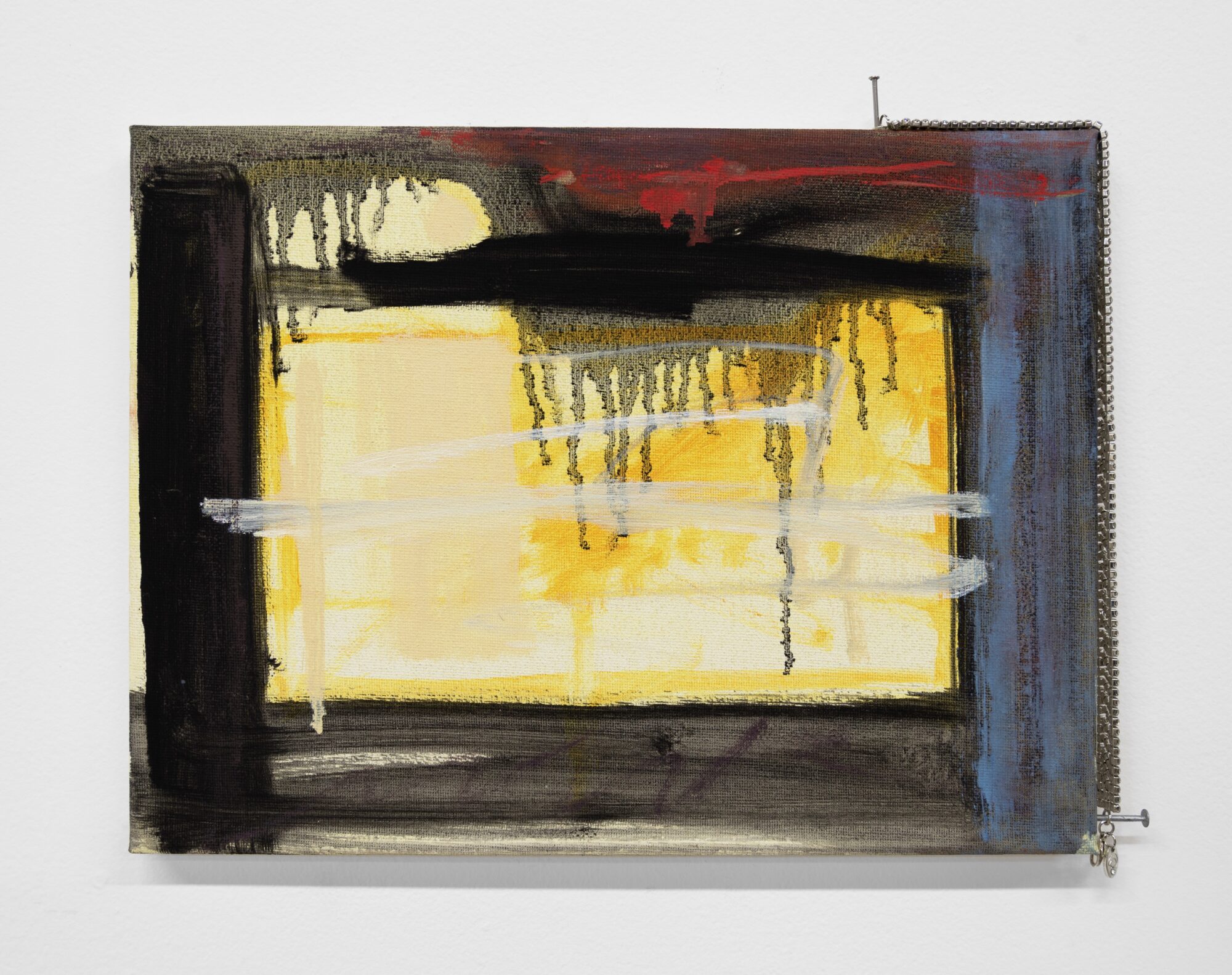 Whitney Claflin. Cinema. 2023. Oil, nails, bracelet on canvas. Courtesy the artist and Derosia, New York
