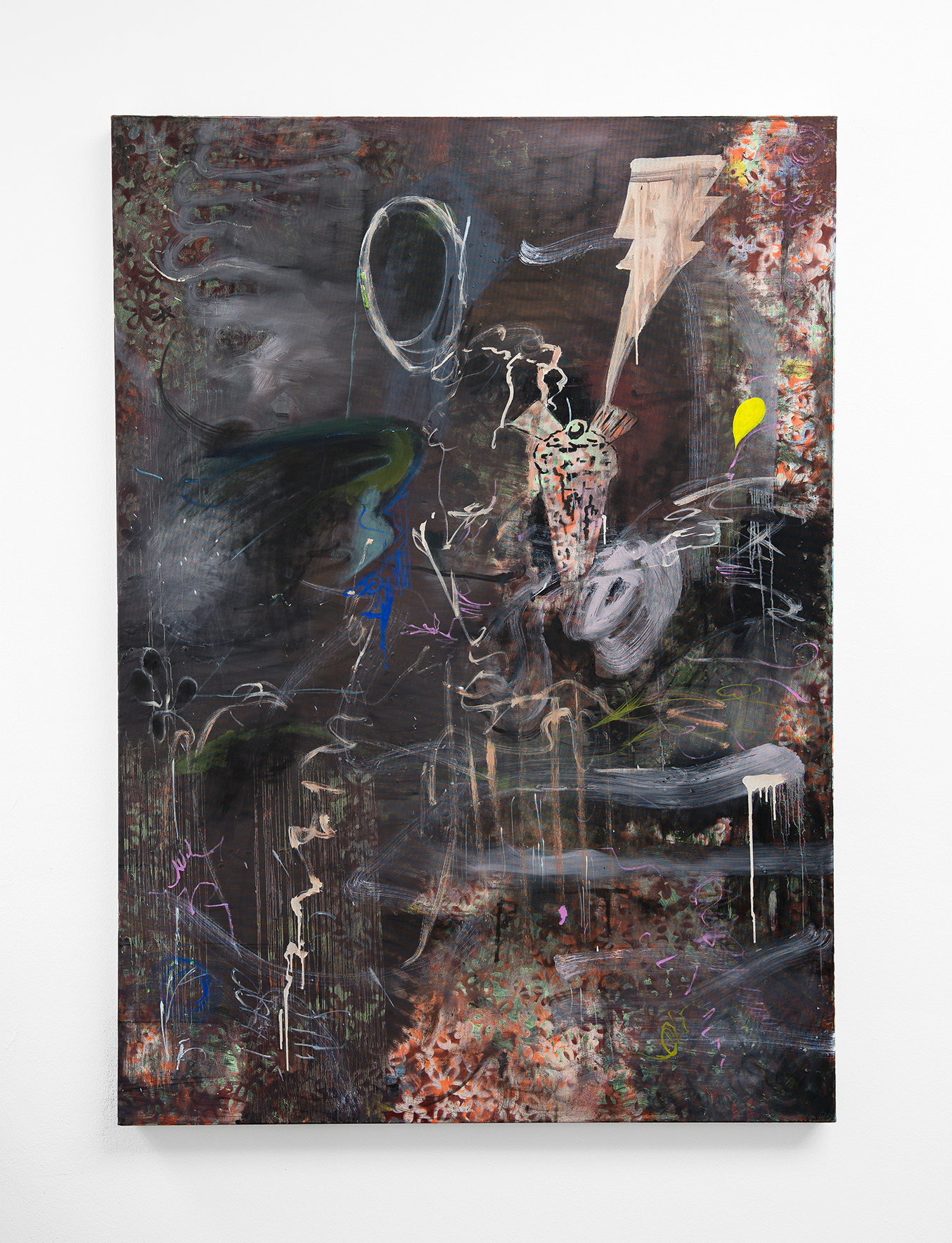 Whitney Claflin. Die Eisdealer. 2024. Oil, oil pastel, acrylic on canvas. Courtesy the artist and Derosia, New York