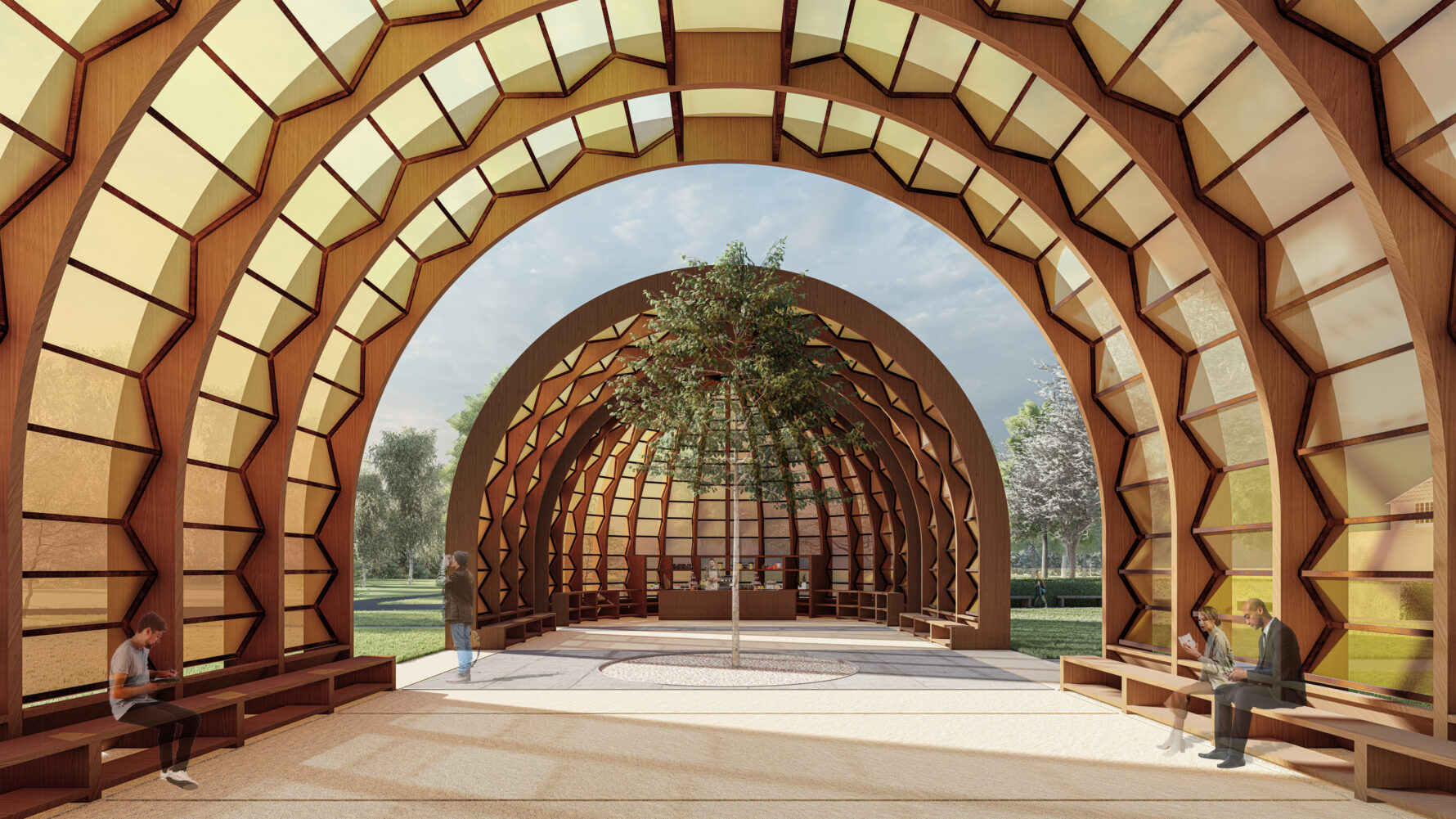 Pavilion A Capsule in Time, designed by Marina Tabassum, Marina Tabassum Architects (MTA). Design render, interior view.