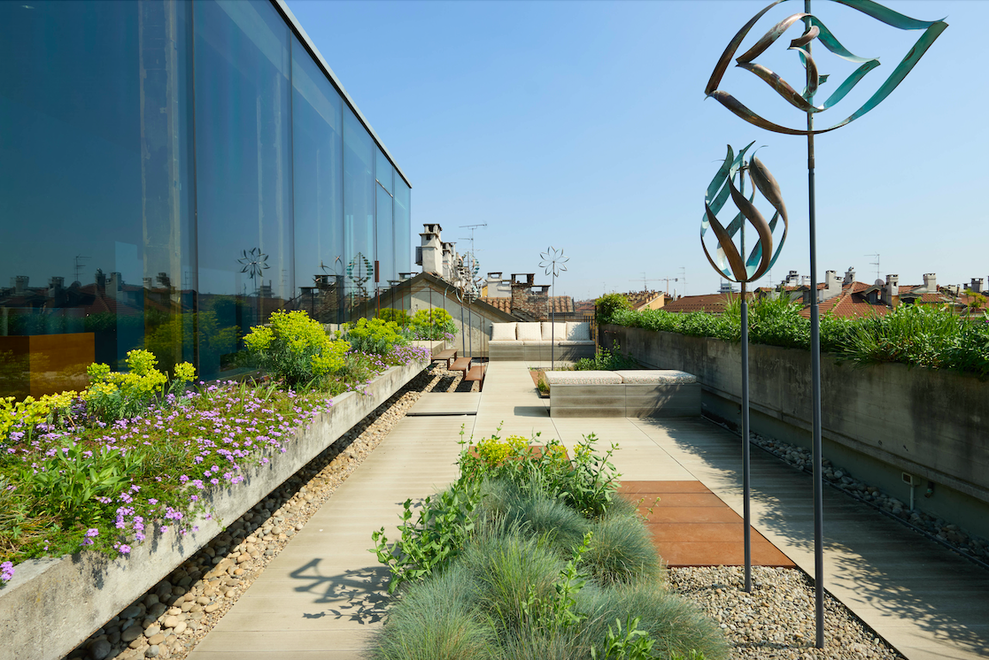The rooftop terrace at La DoubleJ's new HQs in Milan.