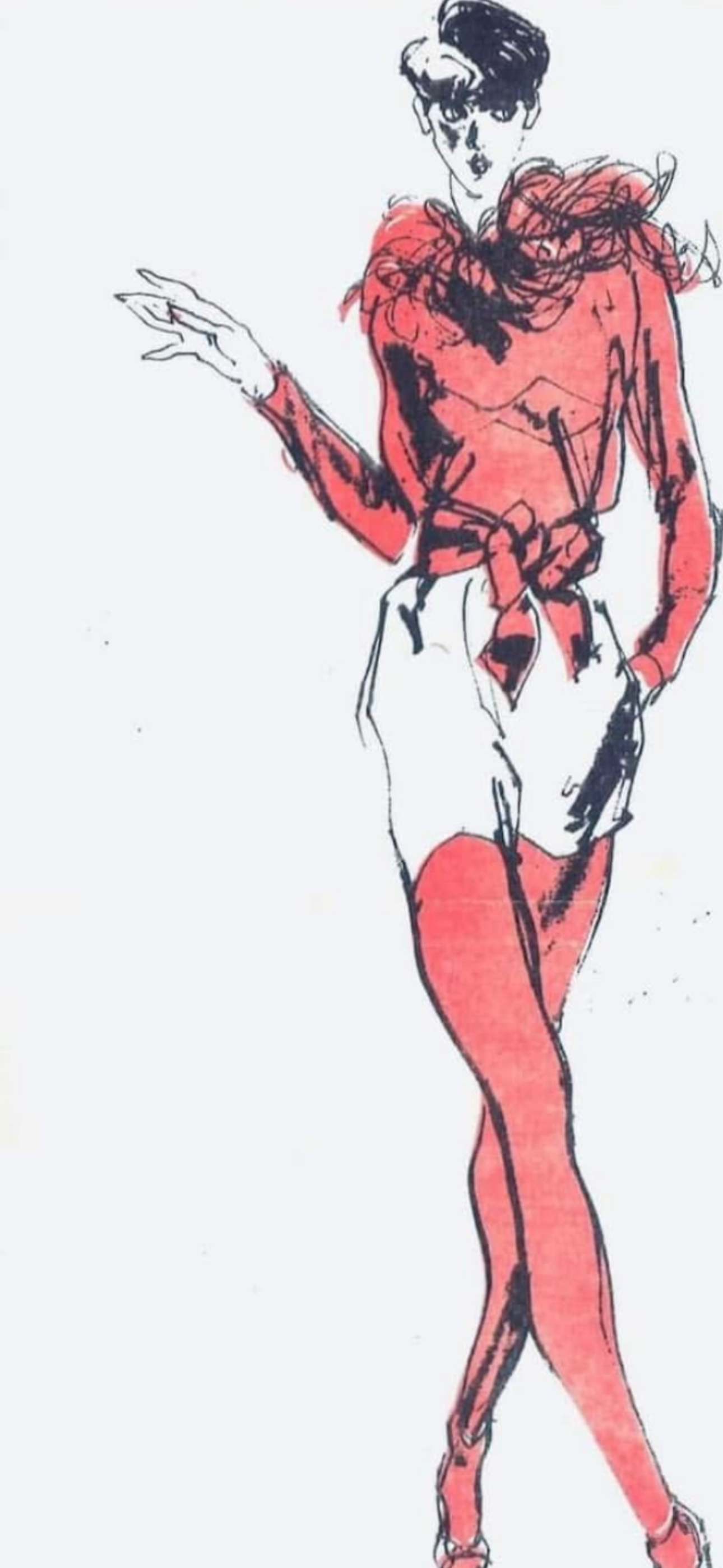 A red blouse and white shorts look from one of Kenny Bonavitacola collection in the 1970s