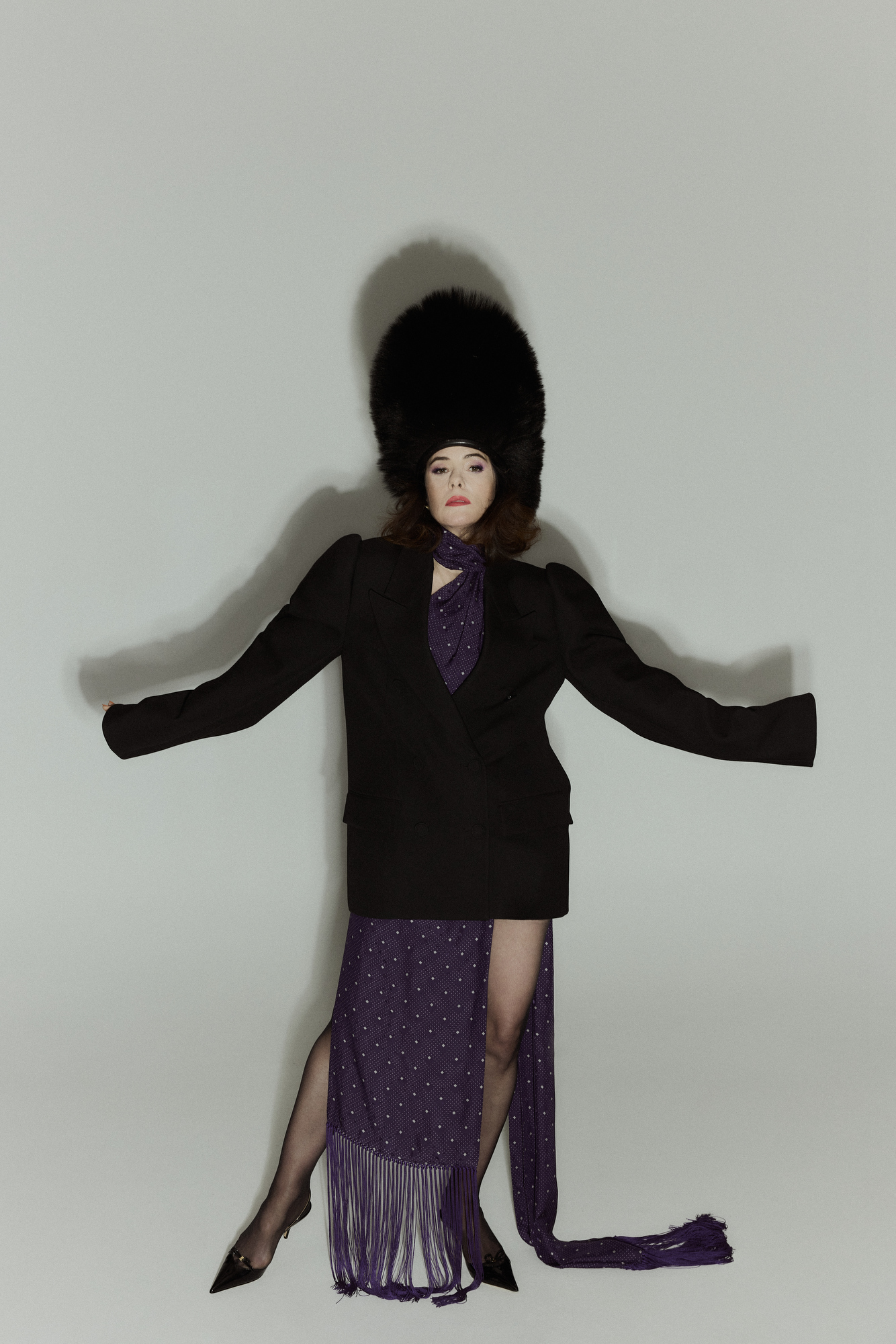 Acne Studios wool suit jacket and silk scarf. Archival Moschino hat.