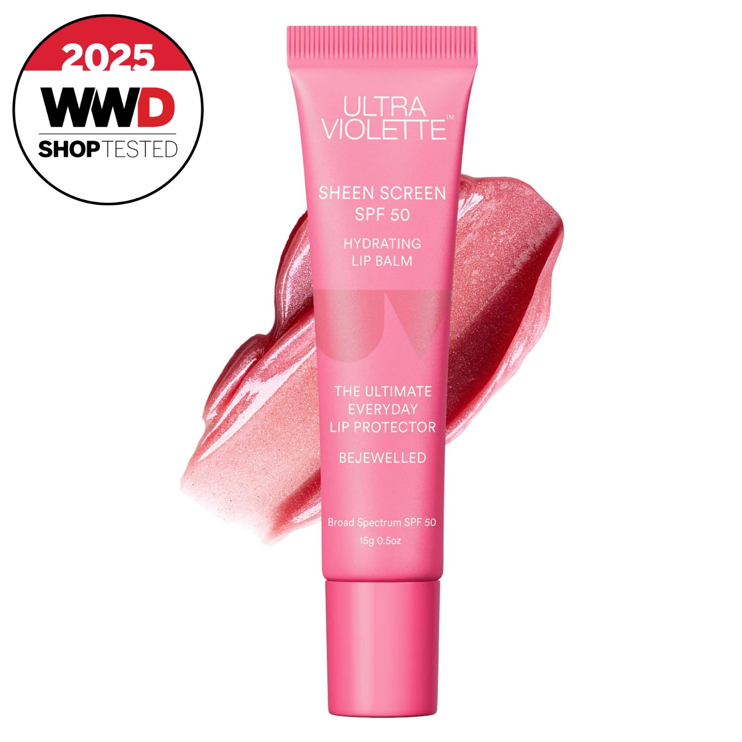 pink tube of tinted lip balm with SPF