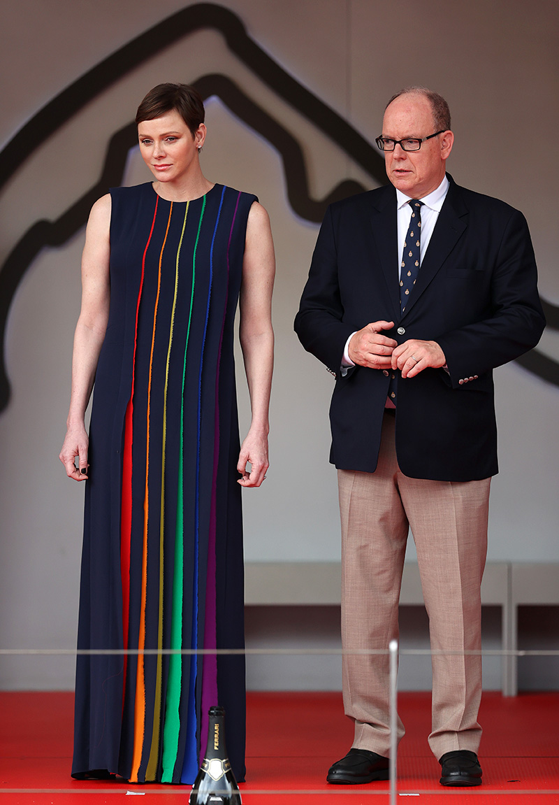 MONTE-CARLO, MONACO - MAY 28: Prince Albert of Monaco and Princess Charlene of Monaco are seen on the podium during the F1 Grand Prix of Monaco at Circuit de Monaco on May 28, 2023 in Monte-Carlo, Monaco. (Photo by Ryan Pierse/Getty Images)
