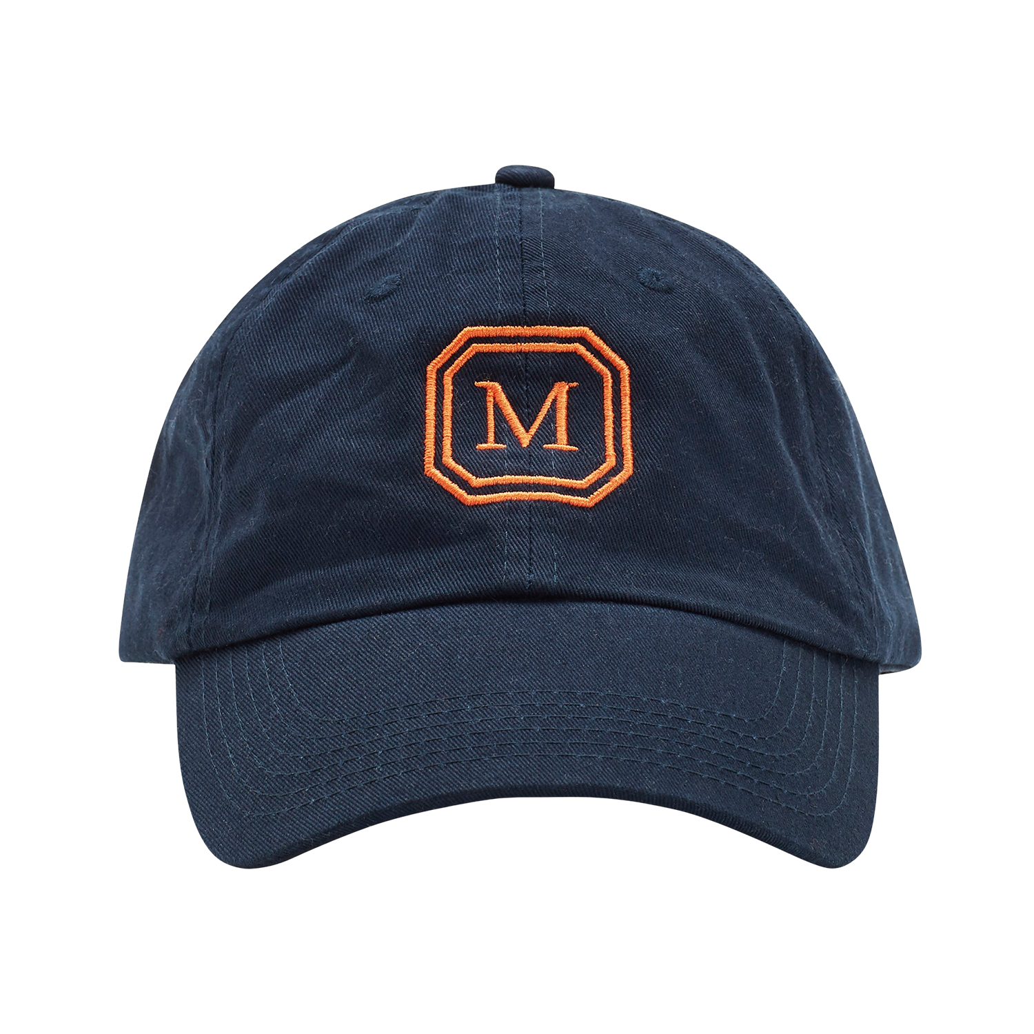 The Mark Baseball Cap in navy with orange stitching