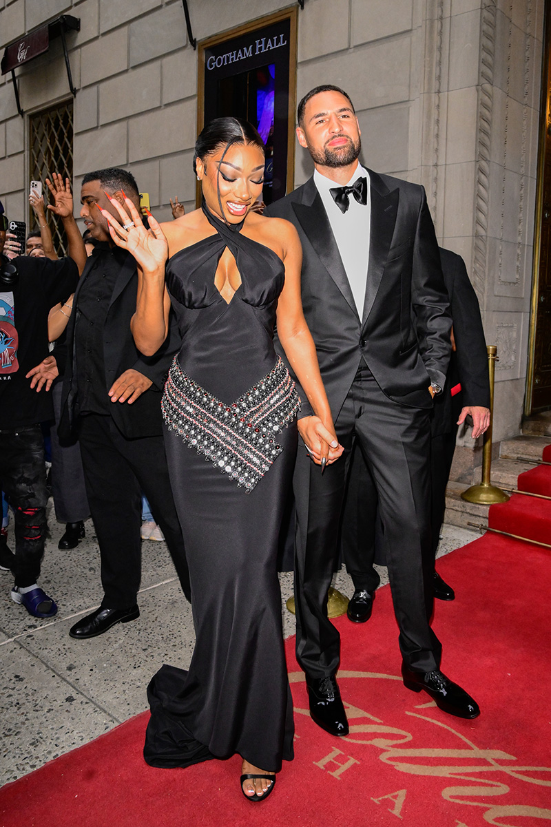 NEW YORK, NEW YORK - JULY 16: Megan Thee Stallion and Klay Thompson are seen on July 16, 2025 in New York City. (Photo by Raymond Hall/GC Images)