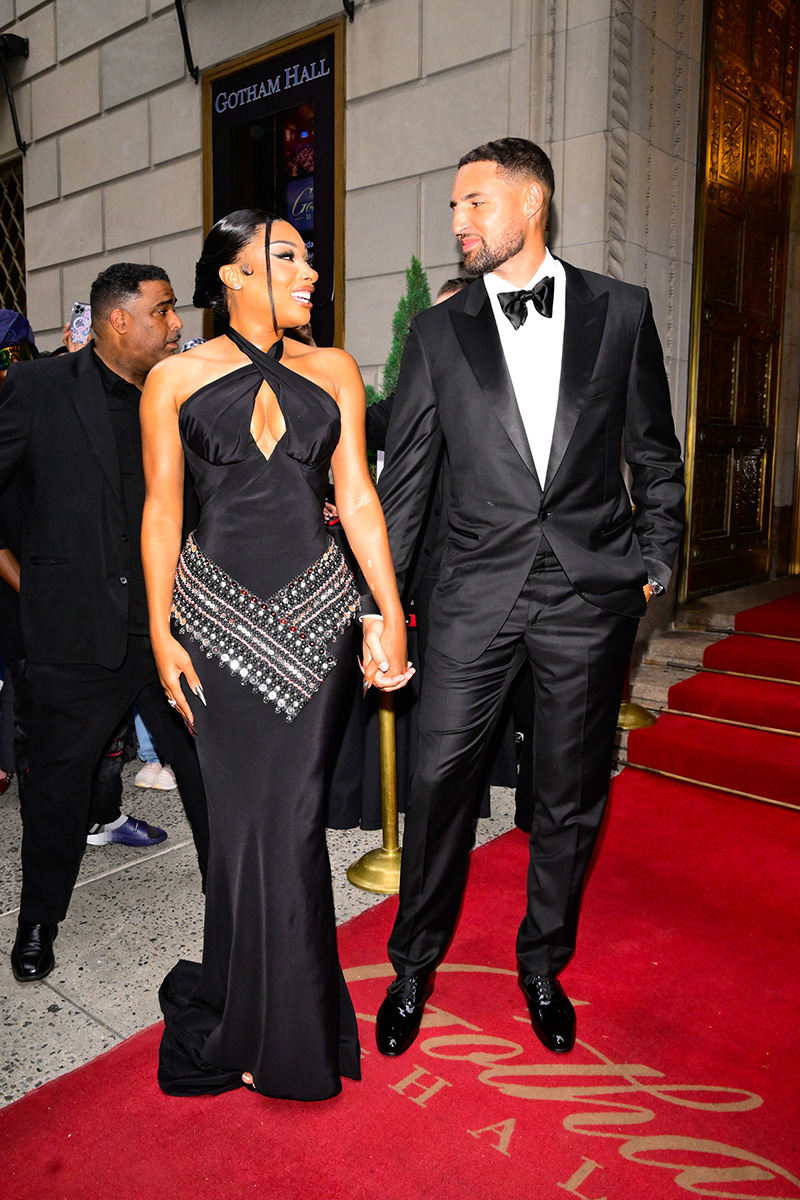 NEW YORK, NEW YORK - JULY 16: Megan Thee Stallion and Klay Thompson are seen on July 16, 2025 in New York City. (Photo by Raymond Hall/GC Images)
