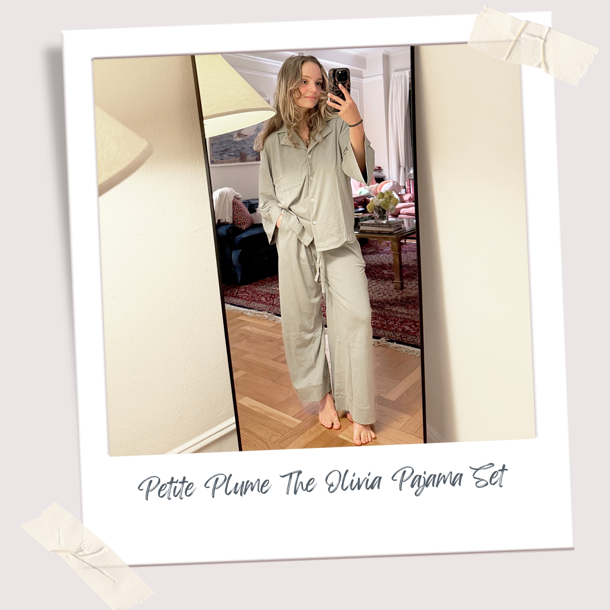 WWD senior writer tests out Petite Plume The Olivia Pajamas Set standing in mirror taking selfie