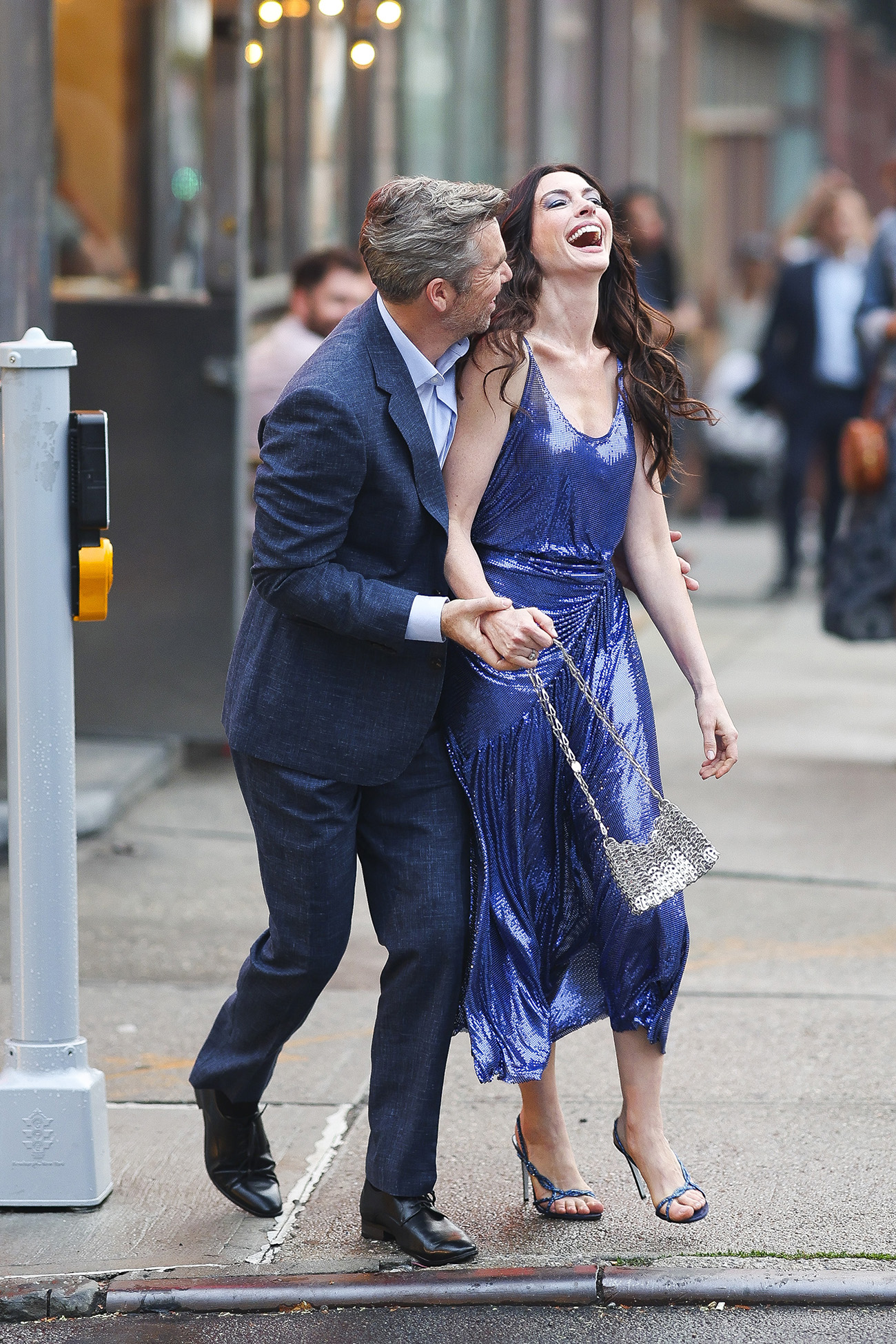 NEW YORK, NEW YORK - AUGUST 05: Patrick Brammall and Anne Hathaway seen on the set of