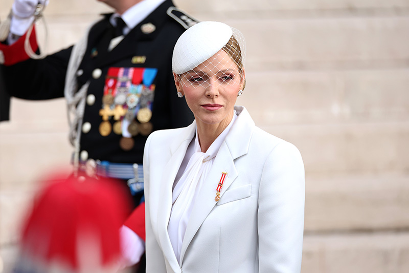Princess Charlene of Monaco wears a white suit at the Monaco National Day 2025 on Nov. 19, 2025 in Monaco.