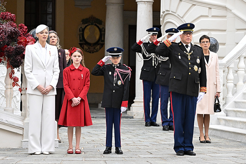 Princess Charlene of Monaco wears a white suit at the Monaco National Day 2025 on Nov. 19, 2025 in Monaco.