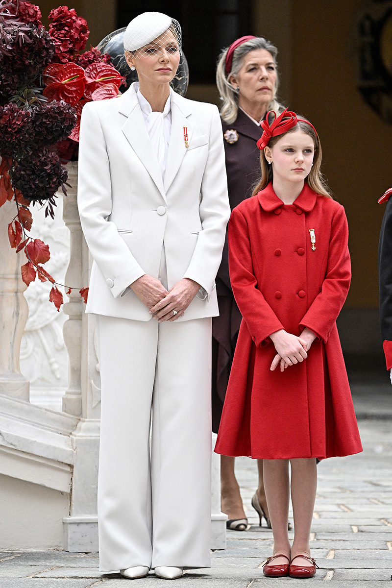 Princess Charlene of Monaco wears a white suit at the Monaco National Day 2025 on Nov. 19, 2025 in Monaco.