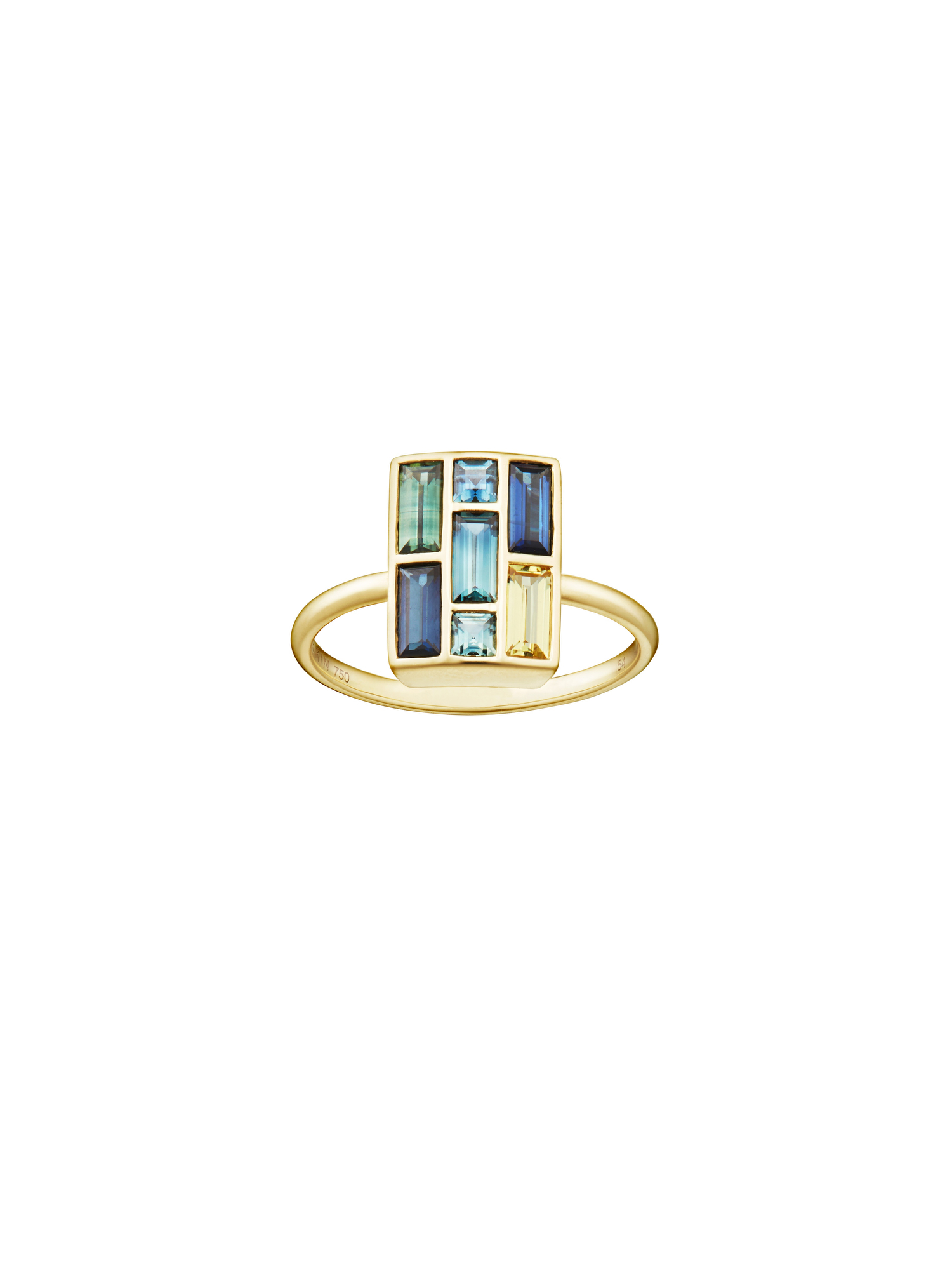 Kinraden's Bricks ring, with 2 square-cut Queensland sapphires and 5 baguette-cut Queensland sapphires.