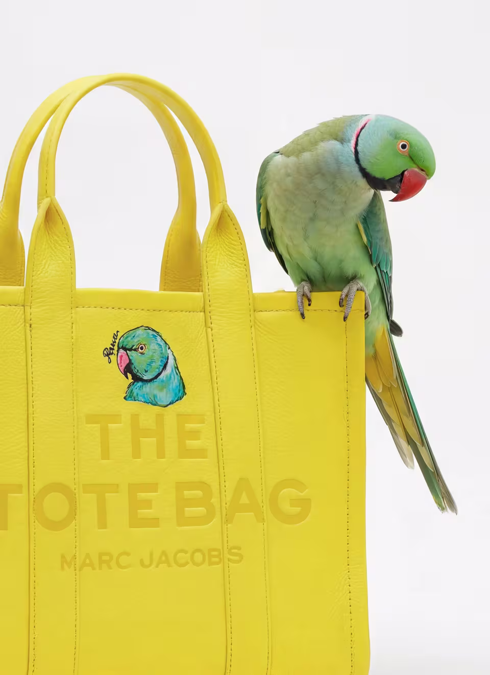 green parrot sitting on a bright yellow marc jacobs tote bag illustrated with its own face