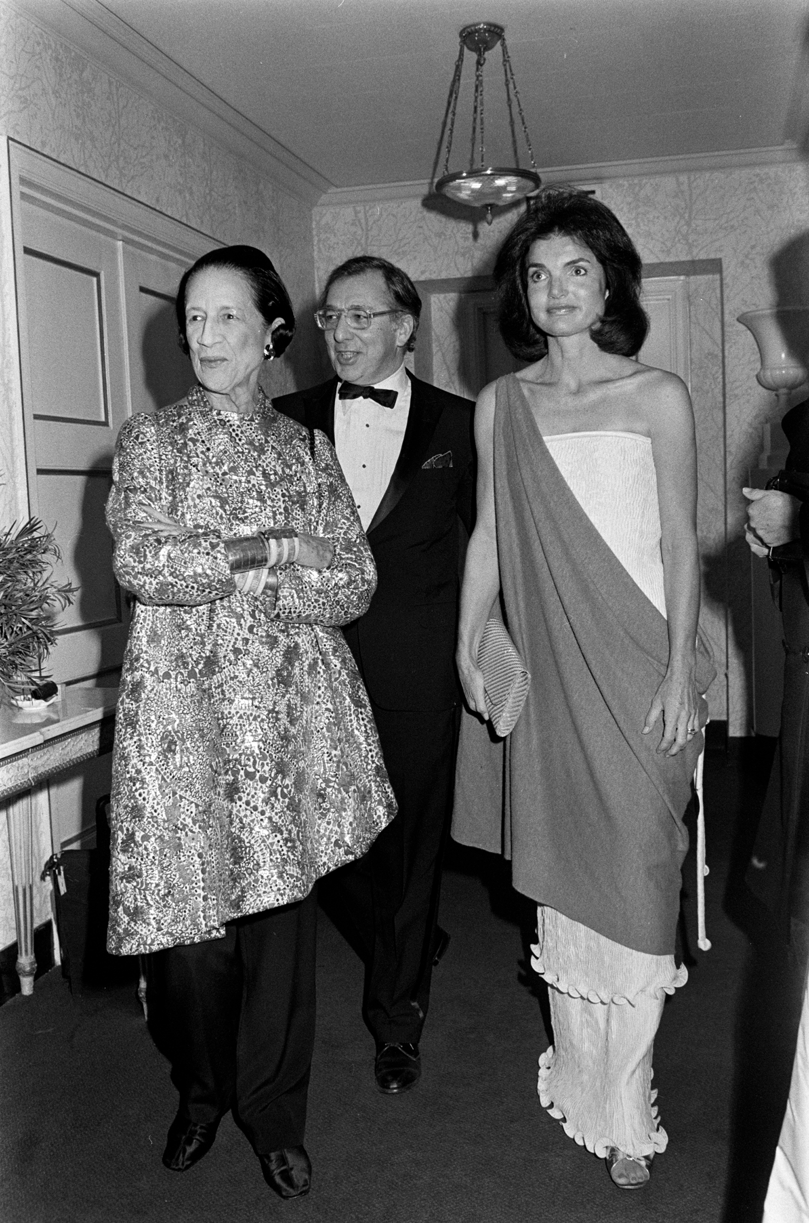Diana Vreeland, Karl Katz and Jacqueline Bouvier Kennedy Onassis  attend a party at the Carlysle Hotel, and reception for the