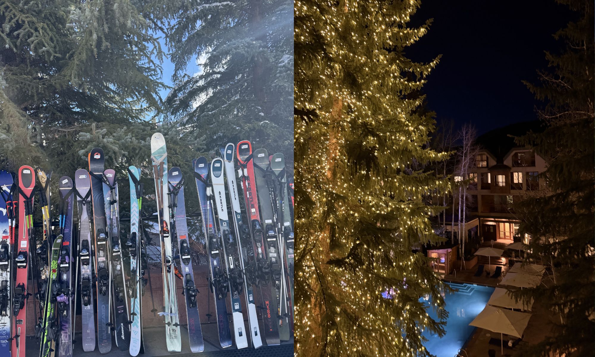 the little nell hotel review; photos of skis lined up in a row, pool at night surrounded by pine trees