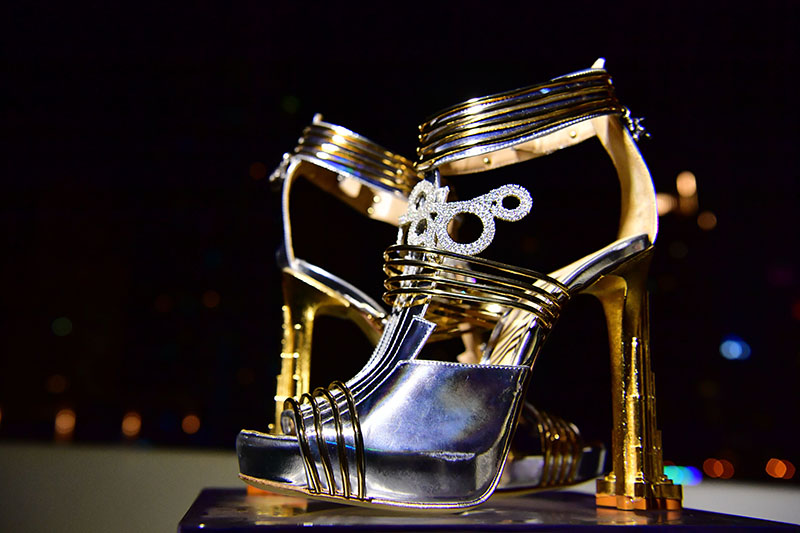 A pair of shoes worth 19.9 million US dollars are seen during the launch presentation at the Dubai Marina on October 11, 2019 in Dubai. - The Moon Star Shoes, of Italian designer Antonio Vietri features 30 carats of diamonds and a small piece of a meteorite discovered in Argentina in 1576. (Photo by GIUSEPPE CACACE / AFP) (Photo by GIUSEPPE CACACE/AFP via Getty Images)
