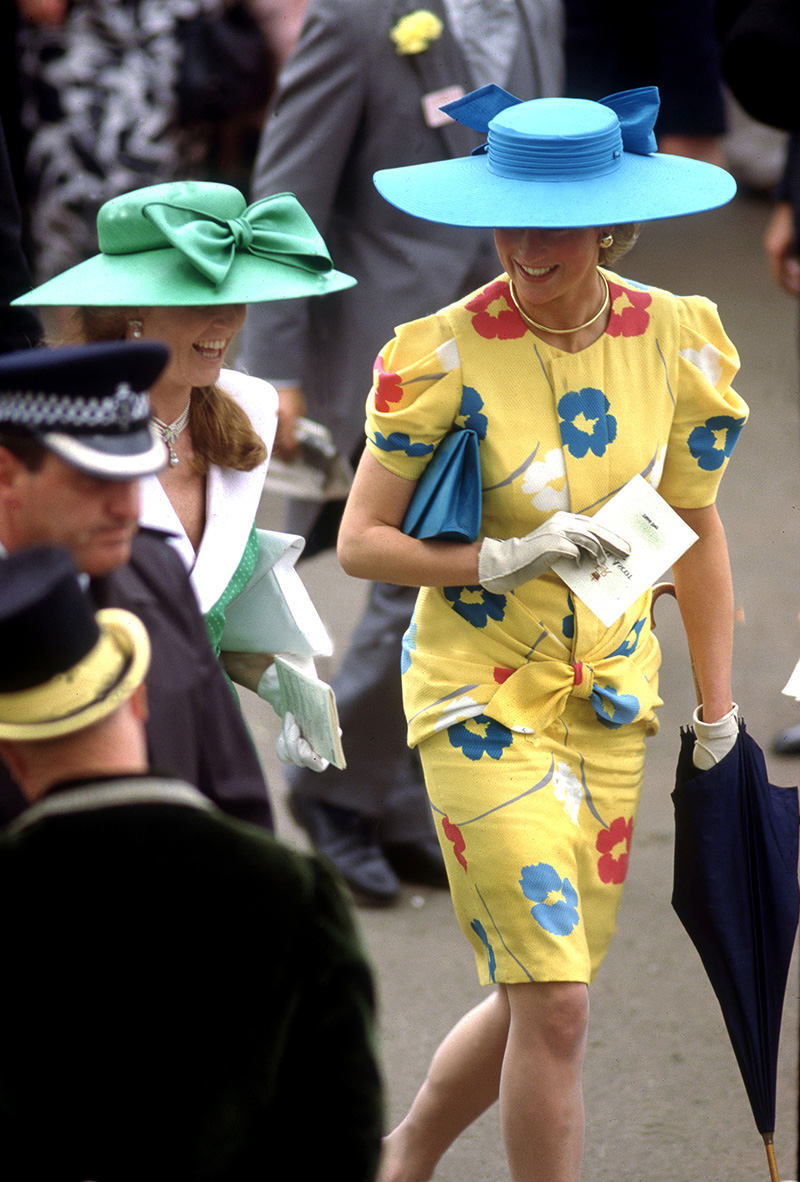 The Princess of Wales and the Duchess of York in the Royal Enclosure at an Ascot race meeting, June 1987. (Photo by Lucy Levenson/Getty Images)