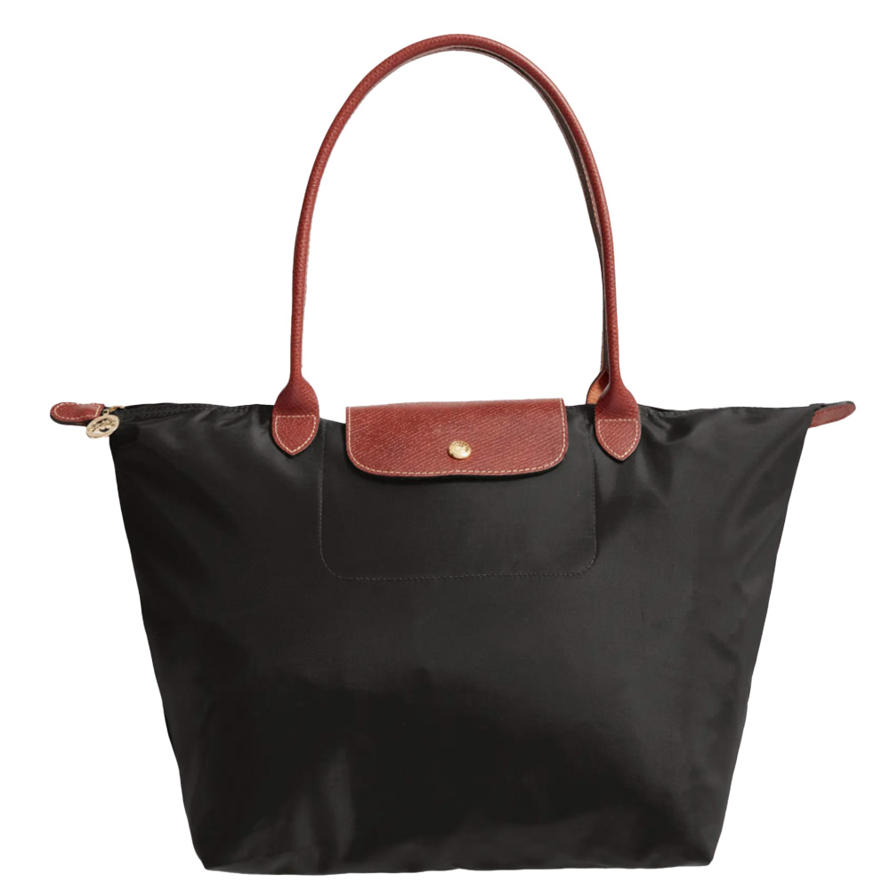 black nylon tote bag with brown leather straps