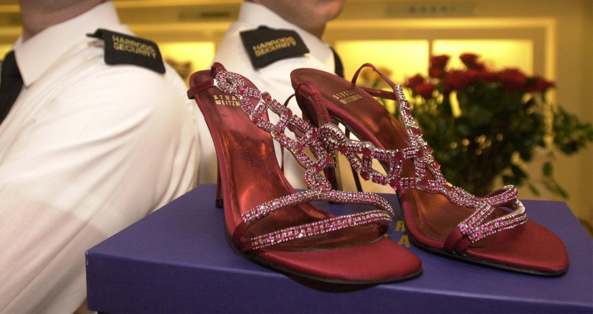 The world's most expensive shoes, by designer Stuart Weitzman, go on sale at Harrods today with a price tag of 1,000,000. The shoes are woven from platinum tread and set with 642 round and oval rubies, totalling over 120 carats.