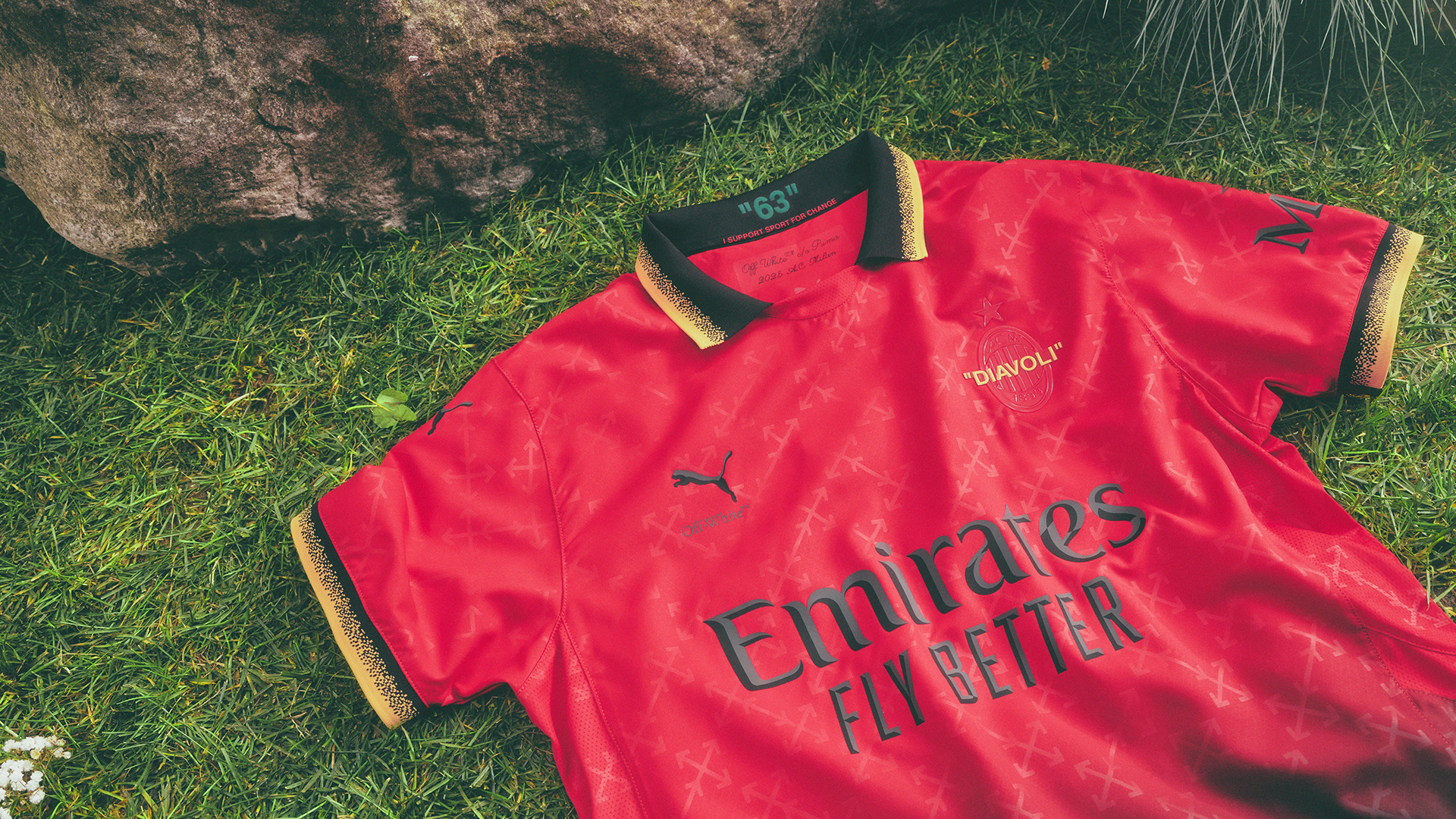The AC Milan x Off-White x Puma soccer kit.