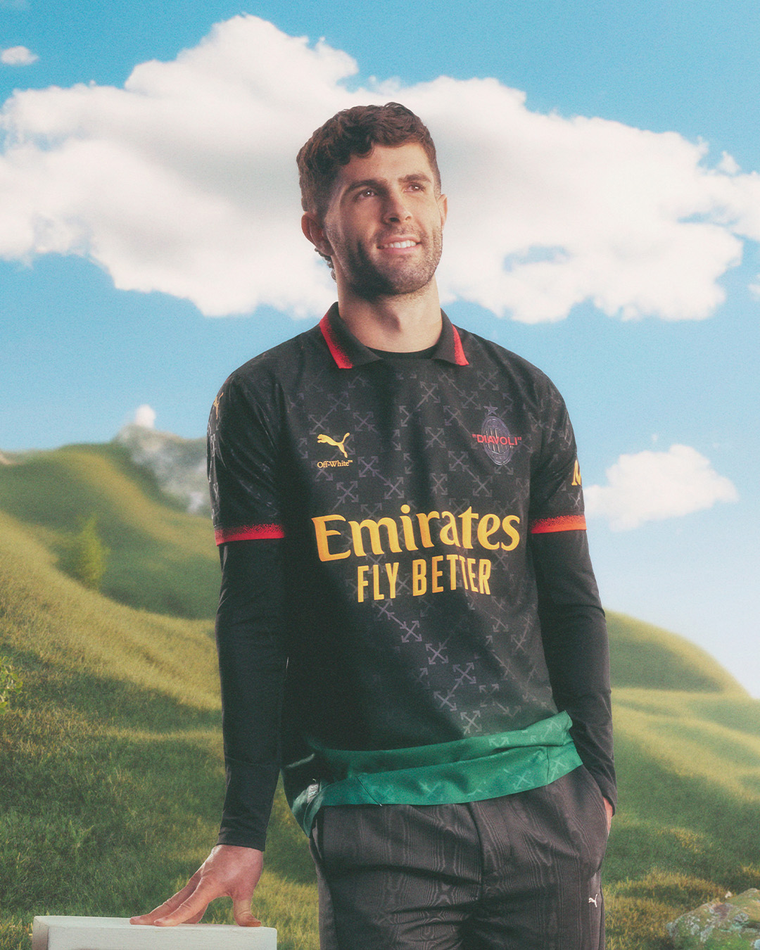 American soccer player Christian Pulisic starring in the Dreamland campaign promoting the AC Milan x Off-White x Puma soccer kit.