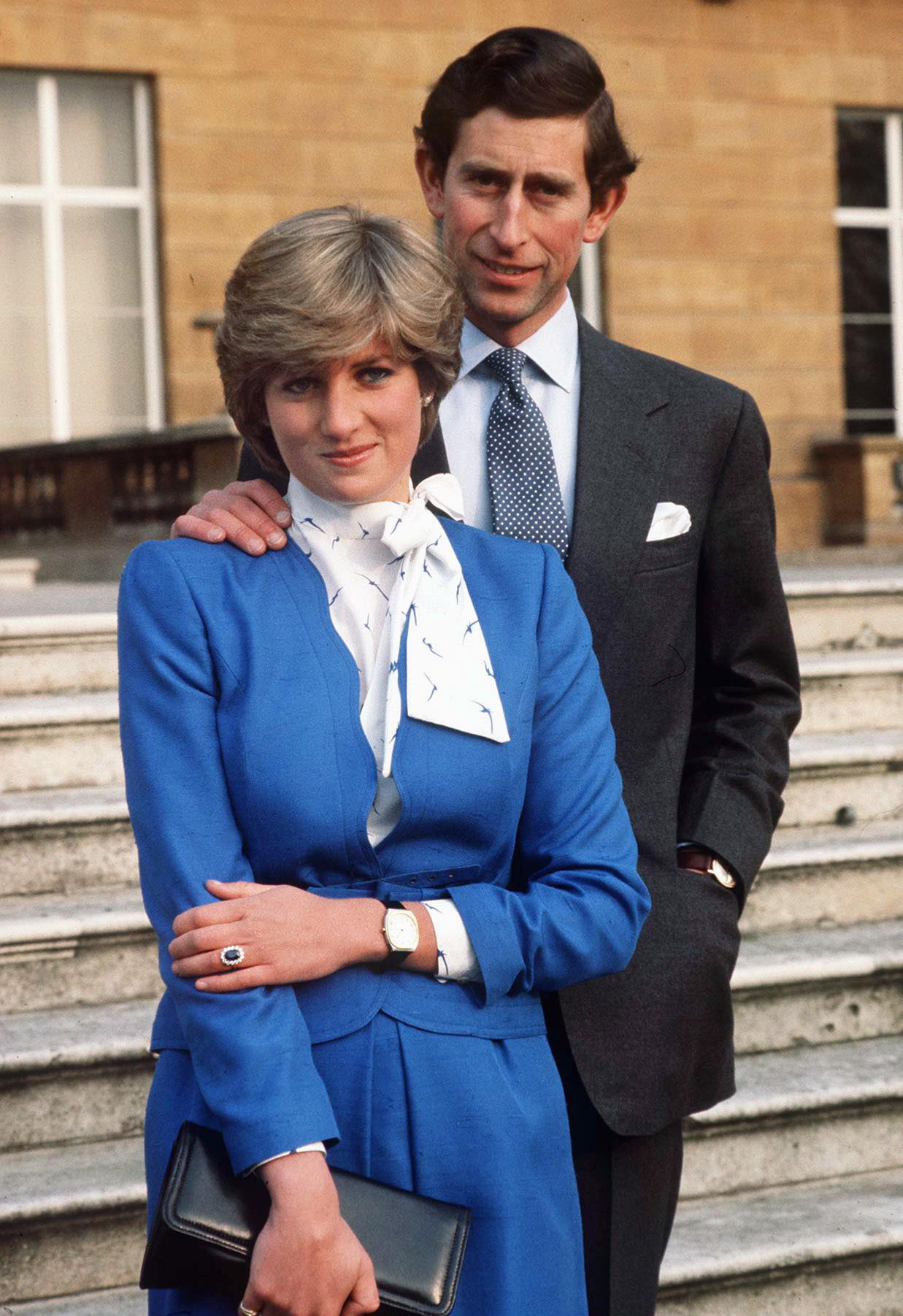 LONDON, UNITED KINGDOM - FEBRUARY 24: Lady Diana Spencer Reveals Her Sapphire And Diamond Engagement Ring While She And Prince Charles Pose For Photographs In The Grounds Of Buckingham Palace Following The Announcement Of Their Engagement. (Photo by Tim Graham Photo Library via Getty Images)
