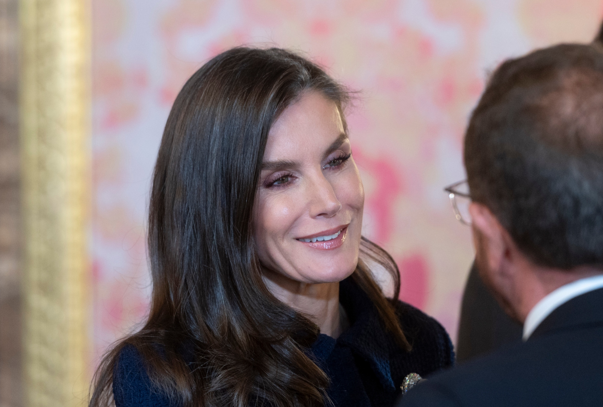 Queen Letizia of Spain, President of Egypt, navy tweed skirt suit, Madrid, Heirloom Pearl Brooch