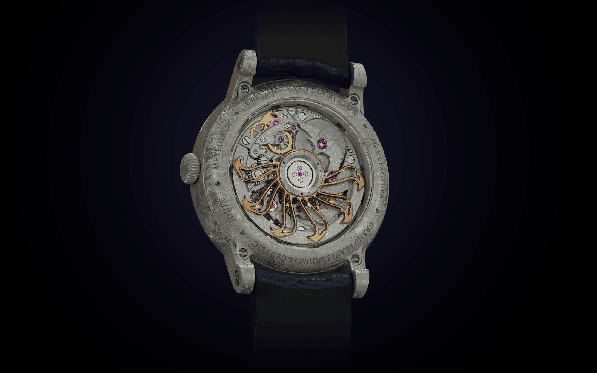 The caseback of Christiaan van Der Klaauw's Grand Planetarium Eccentric Meteorite watch.
