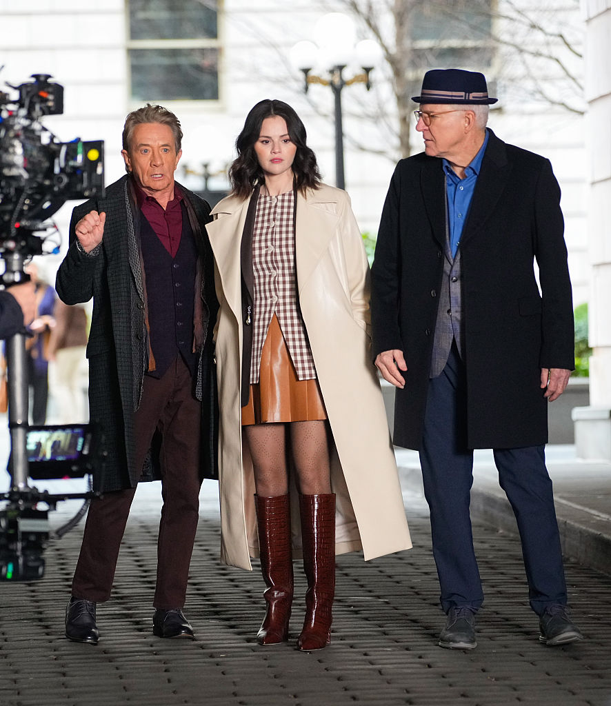 NEW YORK, NY - APRIL 10: Martin Short, Selena Gomez and Steve Martin are seen on the set of 'Only Murders in the Building' on April 10, 2025 in New York City. (Photo by XNY/Star Max/GC Images)