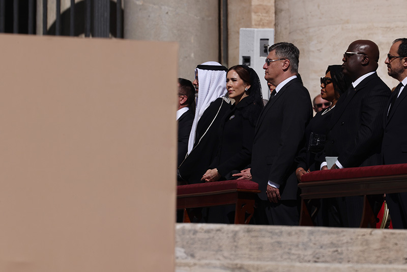 VATICAN CITY, VATICAN - APRIL 26: His Highness Abu Dhabi's Crown Prince of the United Arab Emirates Sheikh Khaled Bin Mohammed Bin Zayed Al Nahyan and Queen Mary Of Denmark attend the funeral of Pope Francis in St. Peter’s Square on April 26, 2025 in Vatican City, Vatican. Pope Francis died on April 21st at the age of 88. Born in Argentina as Jorge Mario Bergoglio, he was the first Latin American and the first Jesuit to become Pope when elected in 2013. Taking the name Francis after St Francis of Assisi, he promoted a more humble version of the papacy than many of his predecessors. He will be buried outside of the Vatican in a simple wooden coffin at the Basilica Santa Maria Maggiore. (Photo by Franco Origlia/Getty Images)