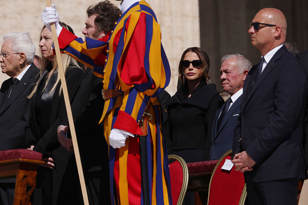 VATICAN CITY, VATICAN - APRIL 26: (L-R) Italian President Sergio Mattarella, Argentina's General Secretary of the Presidency Karina Milei, Argentina's President Javier Milei, Queen Rania Of Jordan and King Abdullah II of Jordan attend the funeral of Pope Francis in St. Peter’s Square on April 26, 2025 in Vatican City, Vatican. Pope Francis died on April 21st at the age of 88. Born in Argentina as Jorge Mario Bergoglio, he was the first Latin American and the first Jesuit to become Pope when elected in 2013. Taking the name Francis after St Francis of Assisi, he promoted a more humble version of the papacy than many of his predecessors. He will be buried outside of the Vatican in a simple wooden coffin at the Basilica Santa Maria Maggiore. (Photo by Franco Origlia/Getty Images)