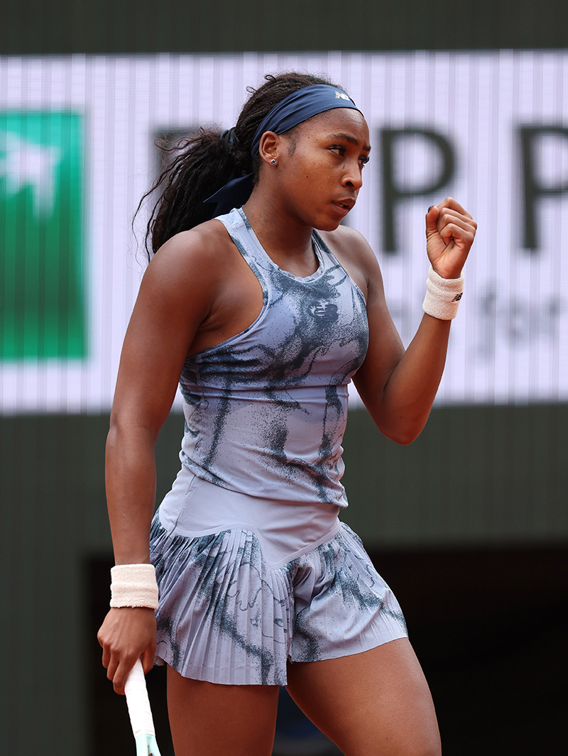 PARIS, FRANCE - MAY 27: Coco Gauff of United States celebrates a point against Olivia Gadecki of Australia during the Women's Singles First Round match during Day Three of the 2025 French Open at Roland Garros on May 27, 2025 in Paris, France. (Photo by Clive Brunskill/Getty Images)