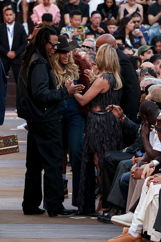 PARIS, FRANCE - JUNE 24: (EDITORIAL USE ONLY - For Non-Editorial use please seek approval from Fashion House) (L-R) Jay-Z, Beyonce, Steve Harvey and Marjorie Elaine Harvey attend the Louis Vuitton Menswear Spring/Summer 2026 show as part of Paris Fashion Week on June 24, 2025 in Paris, France. (Photo by Lyvans Boolaky/Getty Images)