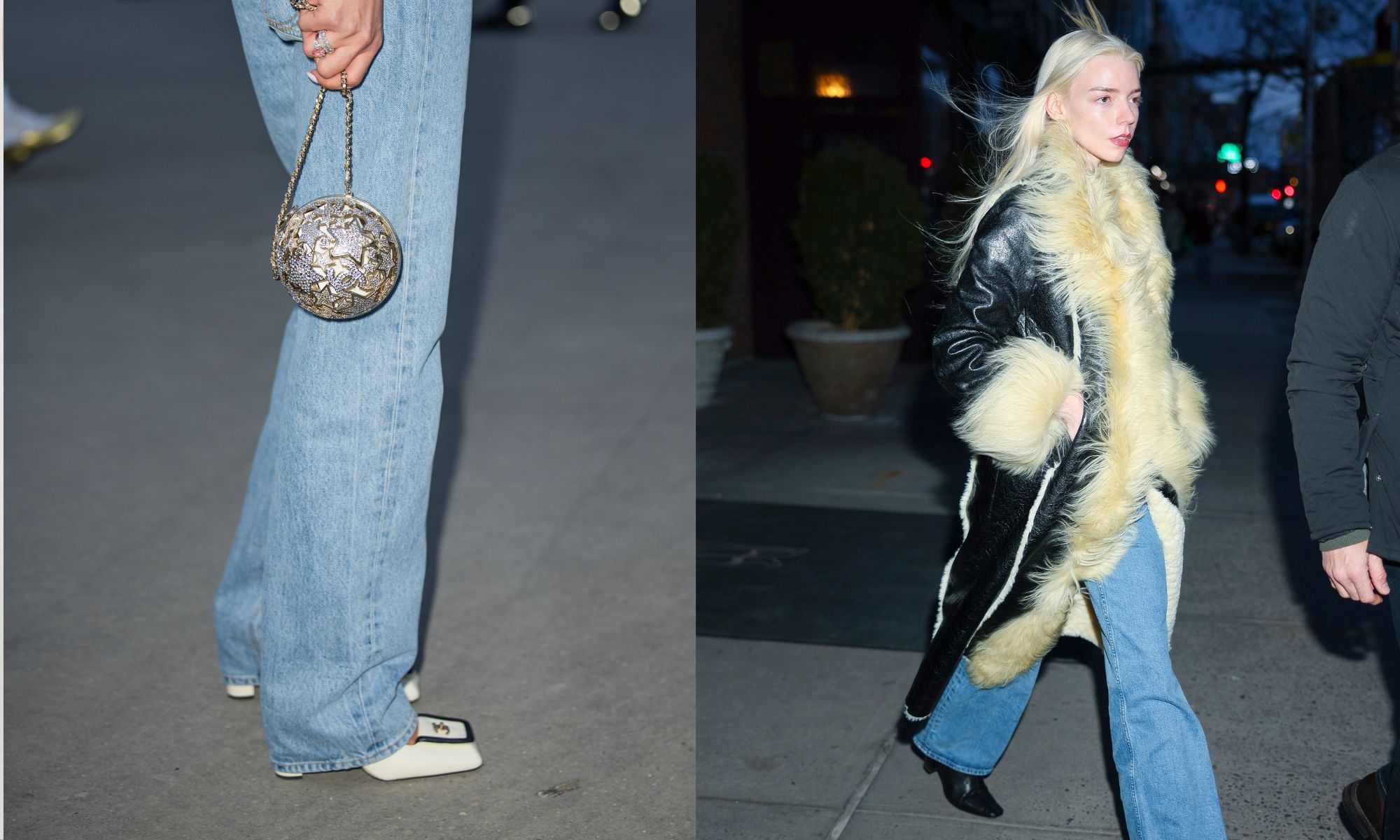 Paris Fashion Week wearing a pair of light-wash straight-leg jeans; Anya Taylor-Joy spotted in NYC in march, wearing a long coat and straight-leg jeans