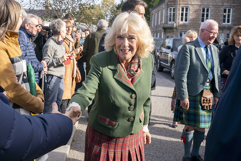 Queen Camilla wears green and red tartan for the 150th anniversary of The Albert Hall in Aberdeenshire on Oct. 9, 2025 in Ballater, Scotland.