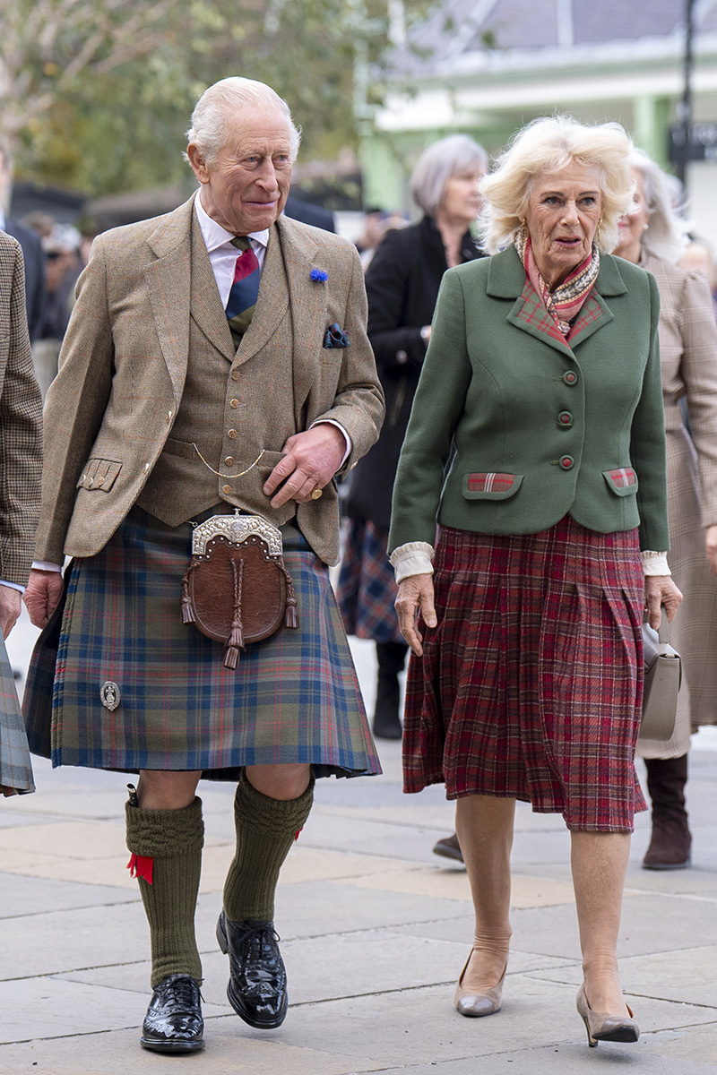 Queen Camilla wears green and red tartan for the 150th anniversary of The Albert Hall in Aberdeenshire on Oct. 9, 2025 in Ballater, Scotland.