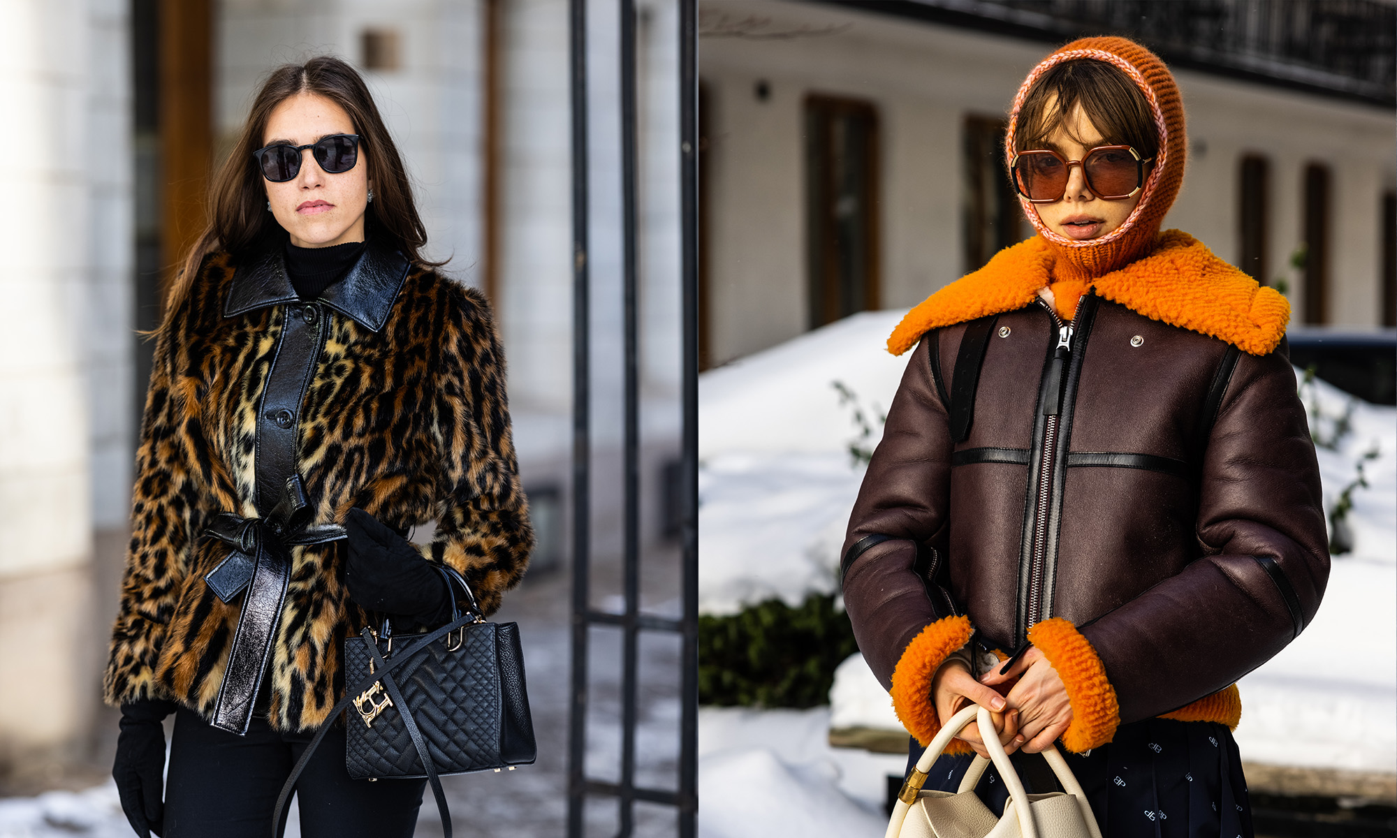 two women photographed on the street, wearing bold coats, sunglasses, and holding respective handbags
