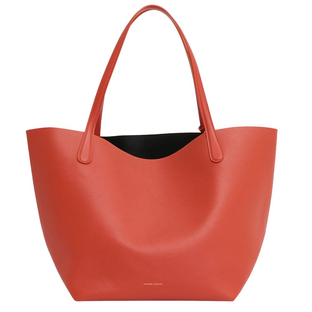 red leather tote bag