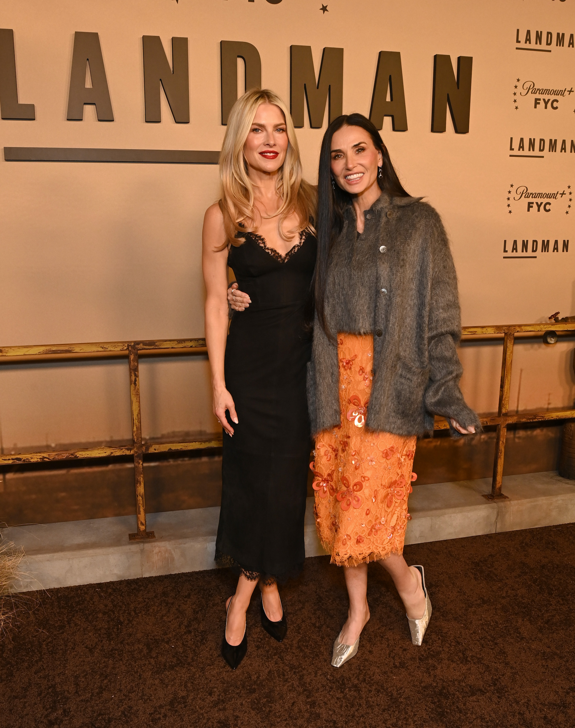 Ali Larter in a suede lingerie-inspired dress from Alex Perry and Demi Moore in a textured Gucci fall 2025 ensemble attend