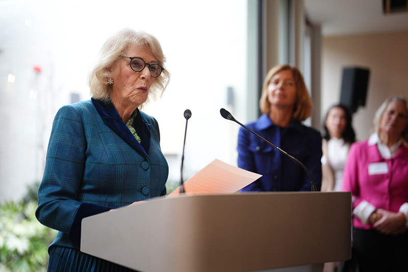 Queen Camilla wears Fiona Clare in Cheltenham, Gloucestershire, on Jan. 21, 2026 in Cheltenham, United Kingdom.
