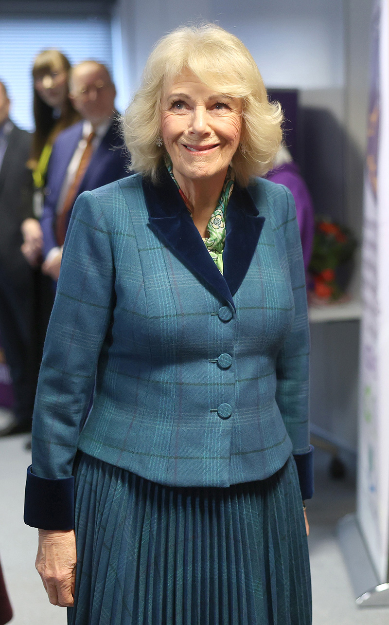 Queen Camilla wears Fiona Clare in Cheltenham, Gloucestershire, on Jan. 21, 2026 in Cheltenham, United Kingdom.