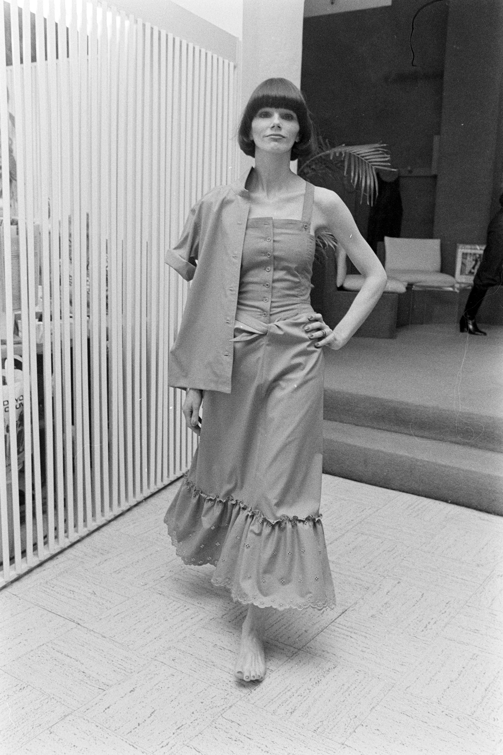 model wearing a dress from the Liz Claiborne summer 1977 ready to wear collection.