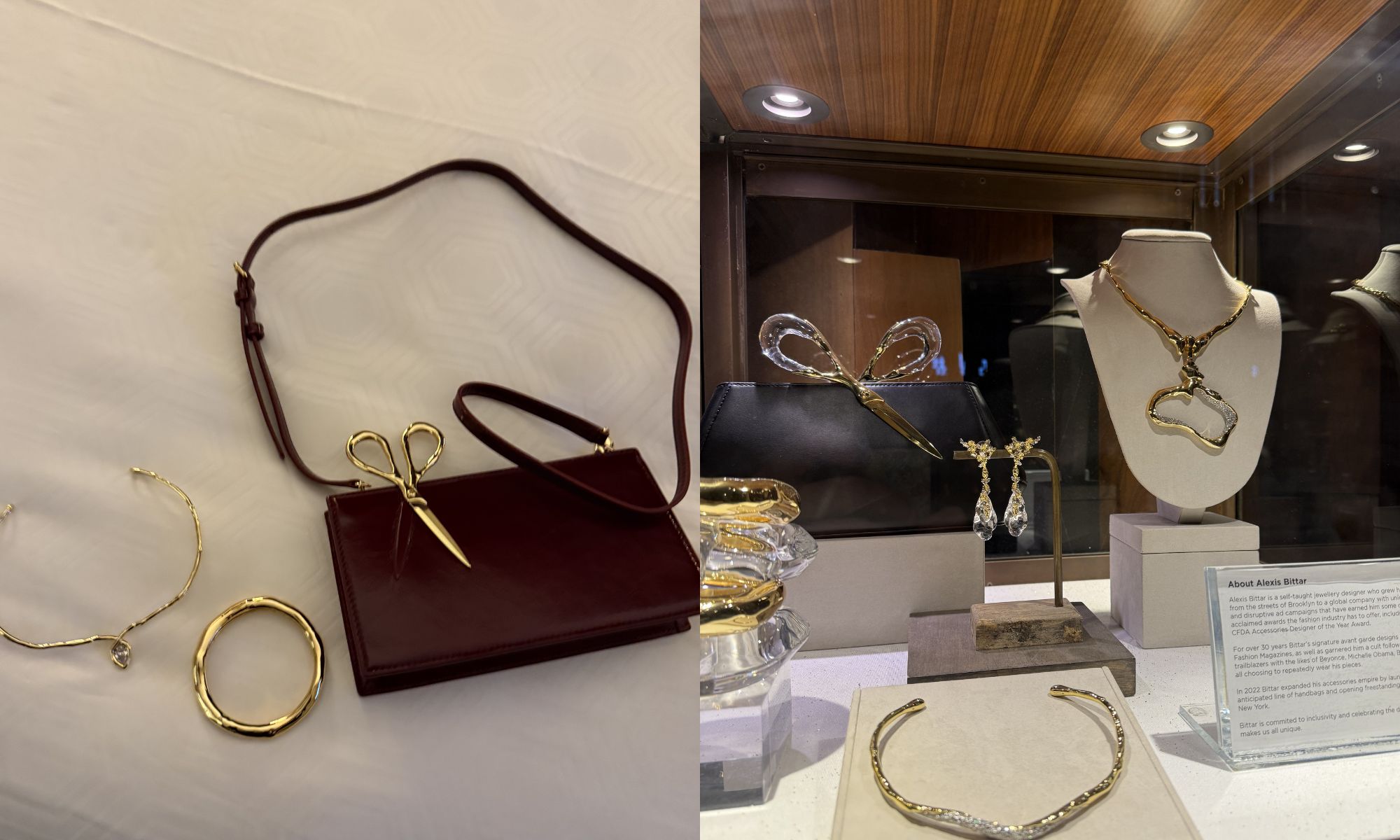 photos of the alexis bittar x the dominick jewelry concierge pieces, including a handbag, a bangle bracelet, and necklace; hotel display of top alexis bittar jewelry pieces